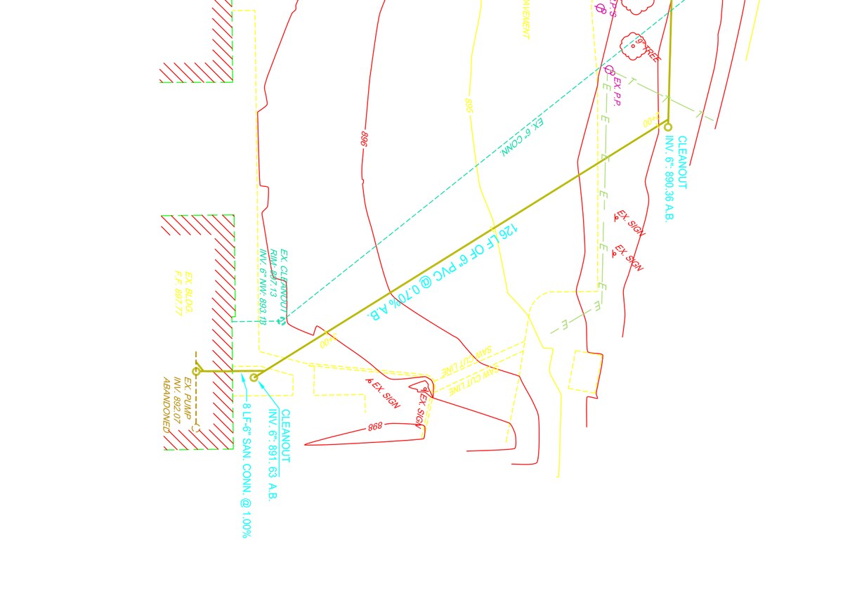 Detail from an as-built drawing showing a sanitary connection run: the pipe line annotated with length, size and gradient, cleanouts with invert levels, an abandoned pump connection, saw-cut lines, site contours and existing trees.