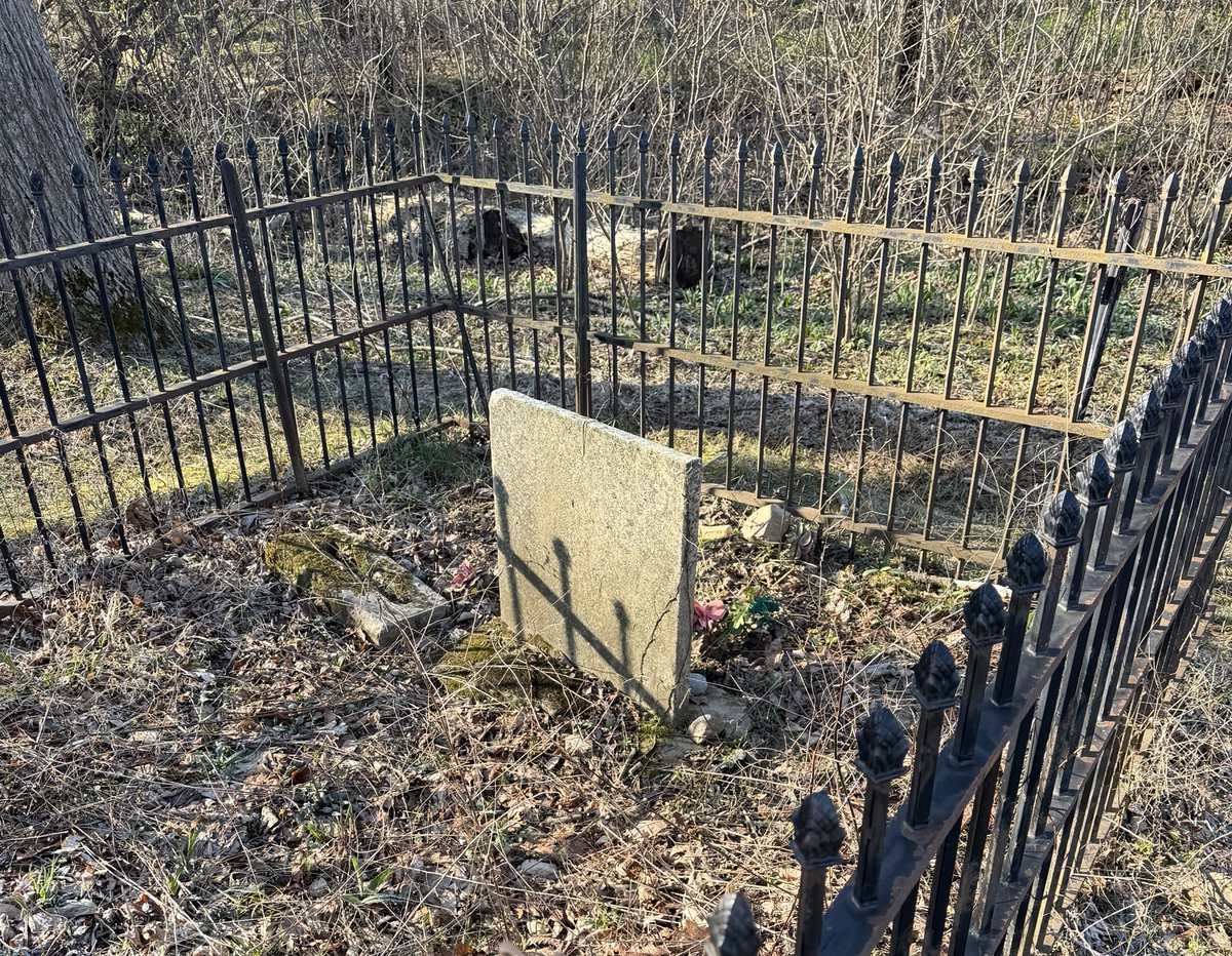 A small iron-fenced family burial plot in bare winter woodland, with a single standing headstone and several displaced stone slabs lying in the leaf litter.